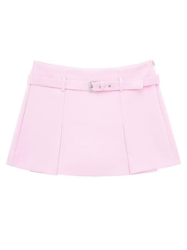 New elegant solid color with belted culottes - Pink / XS