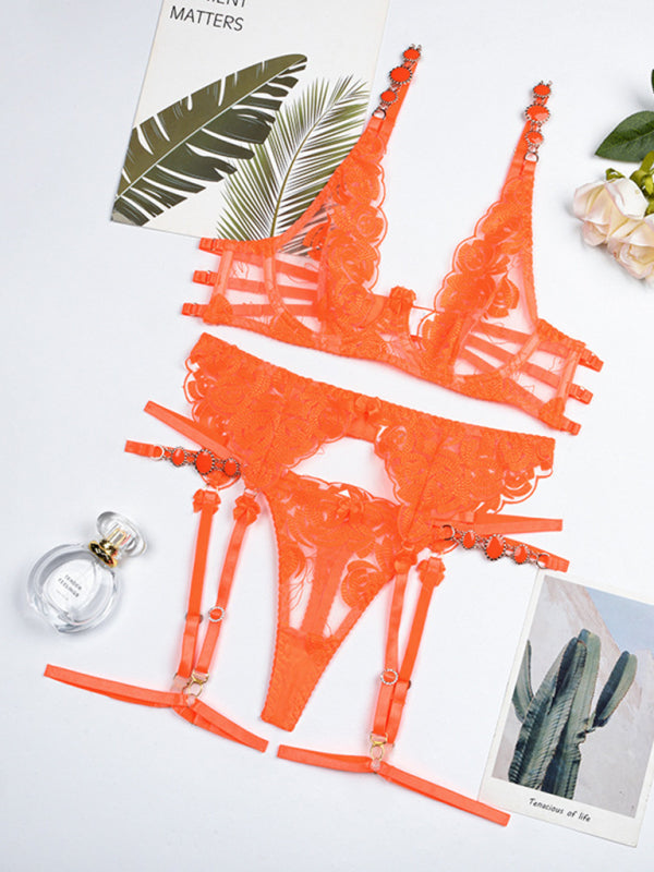 New embroidered bra retro decorative sexy push-up underwear set - Orange / S