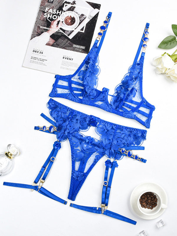 New embroidered bra retro decorative sexy push-up underwear set - Blue / L
