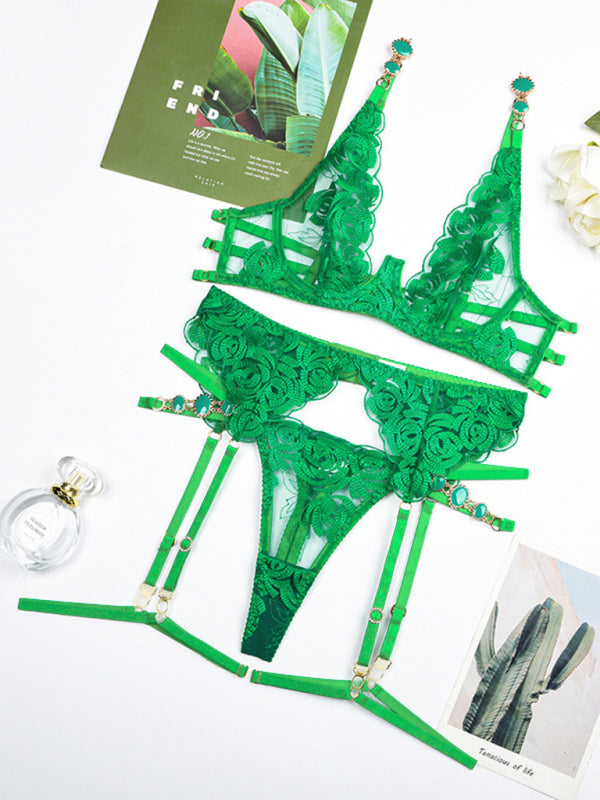 New embroidered bra retro decorative sexy push-up underwear set - Green / S