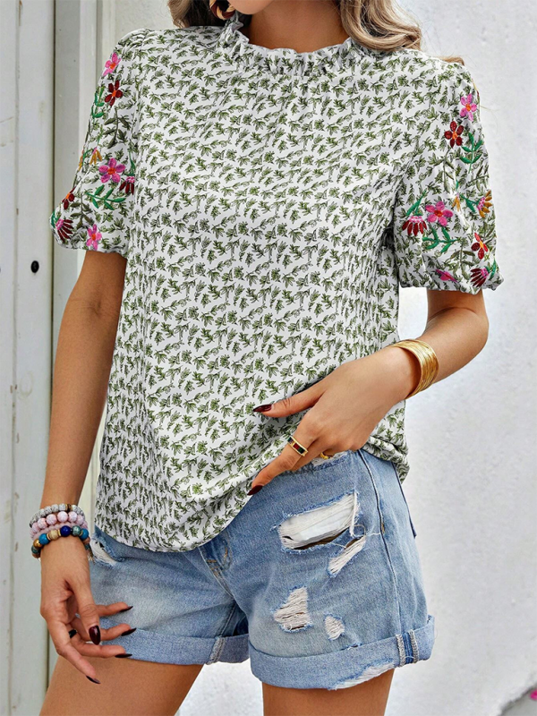 New Embroidered Printed Buckled Wave High Neck Short Colorblock Top - Green / S