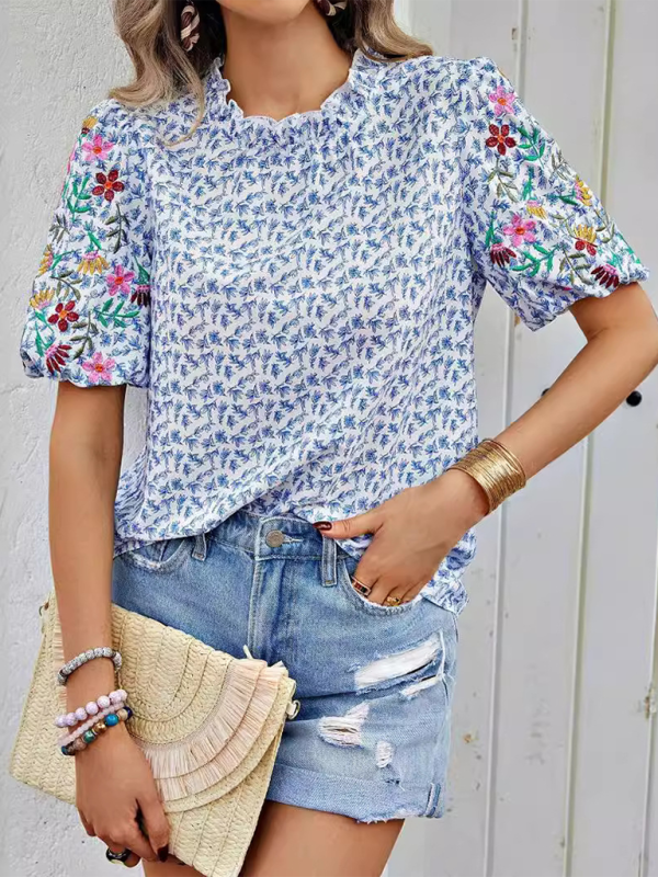 New Embroidered Printed Buckled Wave High Neck Short Colorblock Top - Blue / S