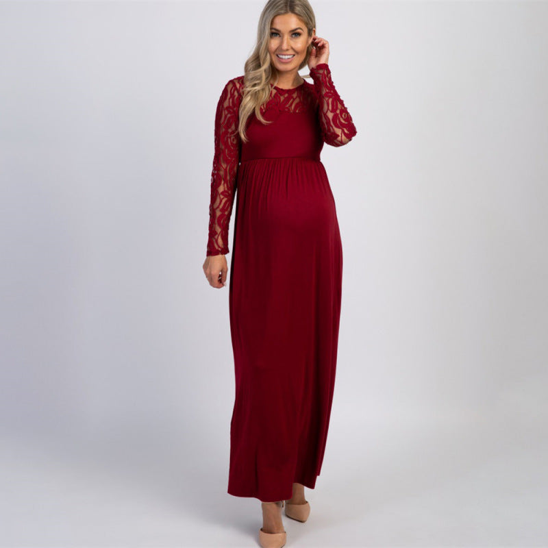 New European and American fashion solid color maternity lace hollow long sleeve dress long dress - Wine Red / S