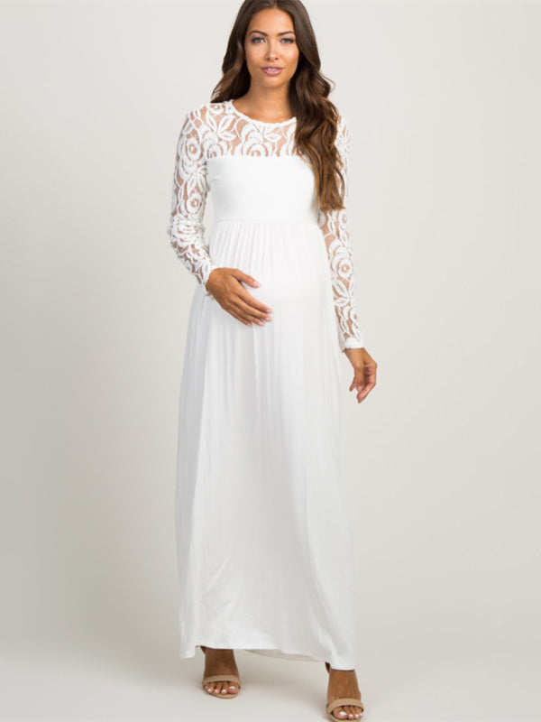 New European and American fashion solid color maternity lace hollow long sleeve dress long dress - White / S