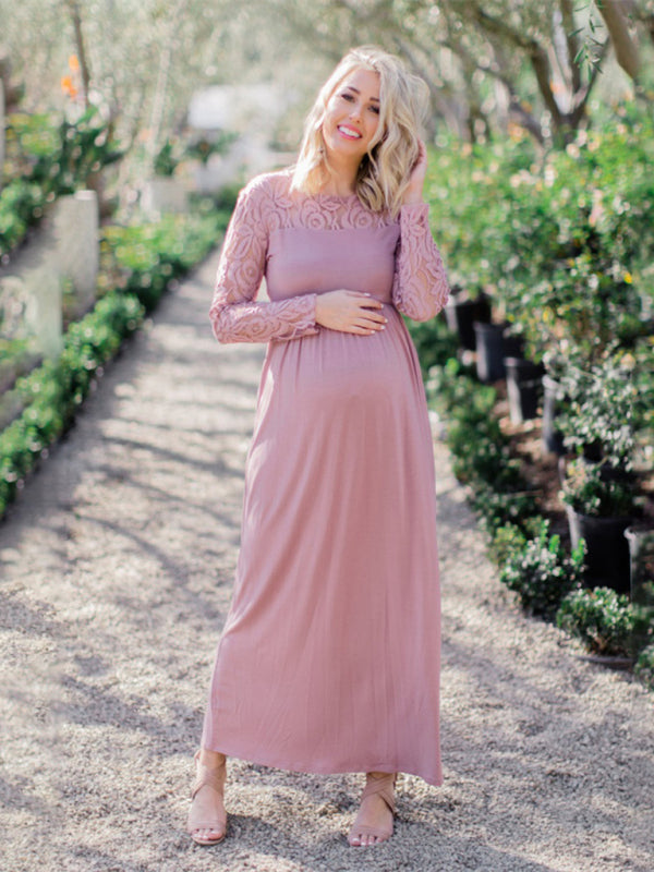 New European and American fashion solid color maternity lace hollow long sleeve dress long dress - Pink / S