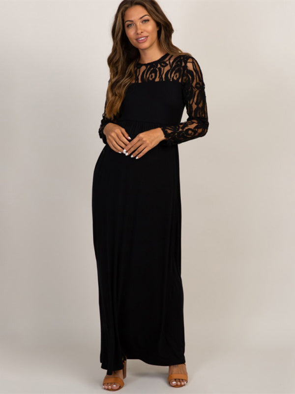New European and American fashion solid color maternity lace hollow long sleeve dress long dress - Black / S