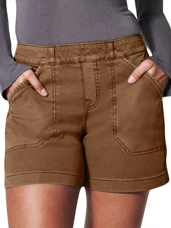 New fashion all-match women’s high elastic twill large pocket solid color casual shorts - Khaki / S