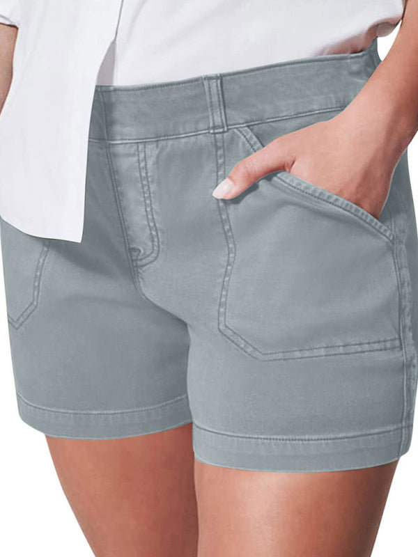 New fashion all-match women’s high elastic twill large pocket solid color casual shorts