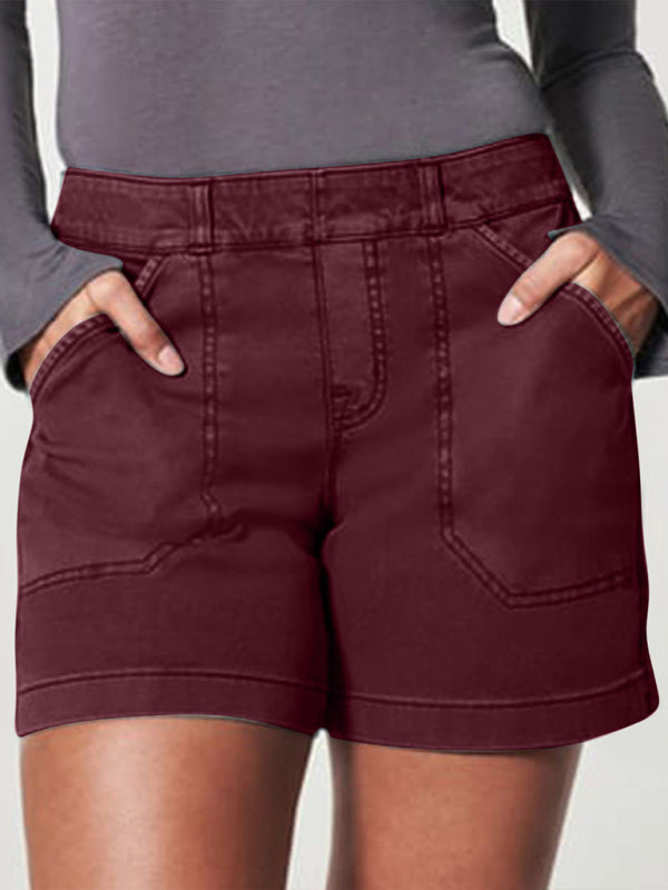 New fashion all-match women’s high elastic twill large pocket solid color casual shorts - Wine Red / S
