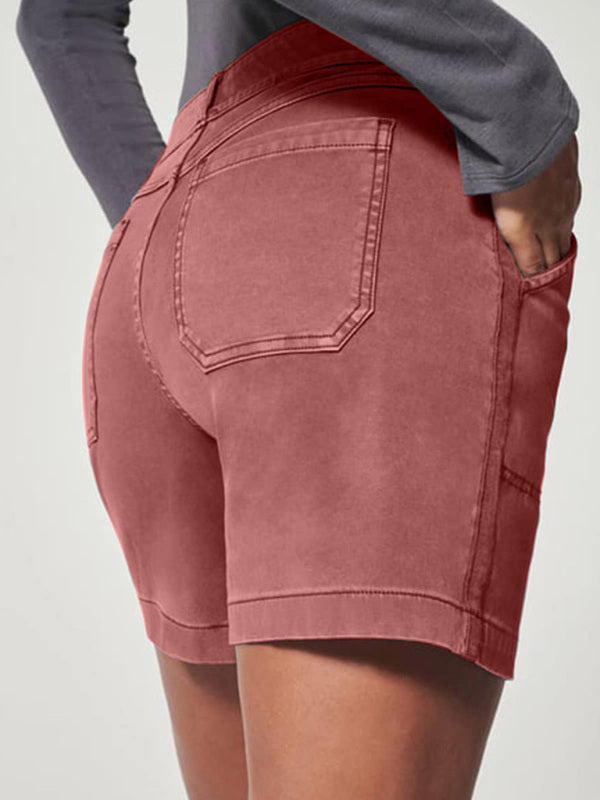 New fashion all-match women’s high elastic twill large pocket solid color casual shorts