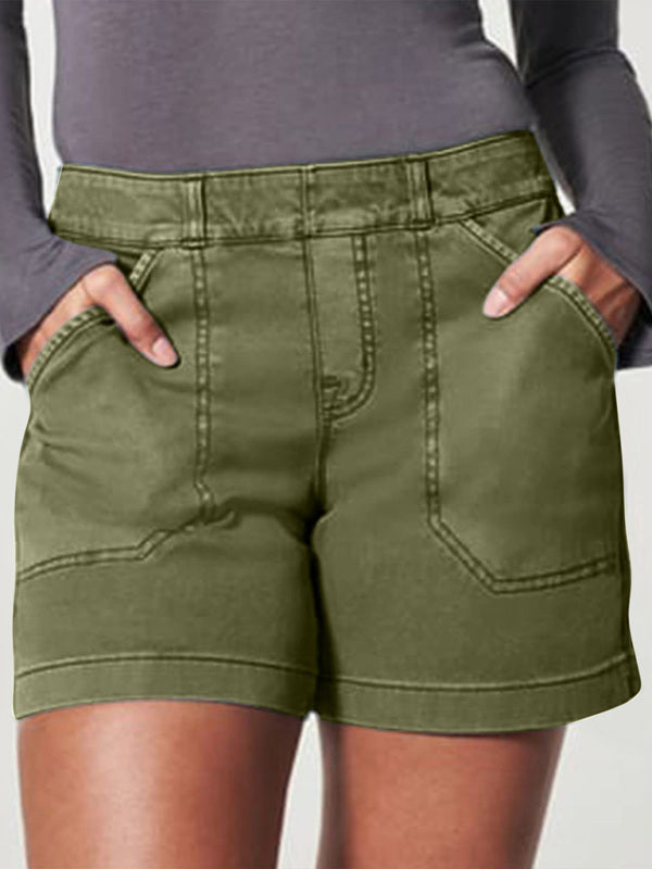 New fashion all-match women’s high elastic twill large pocket solid color casual shorts - Olive green / S