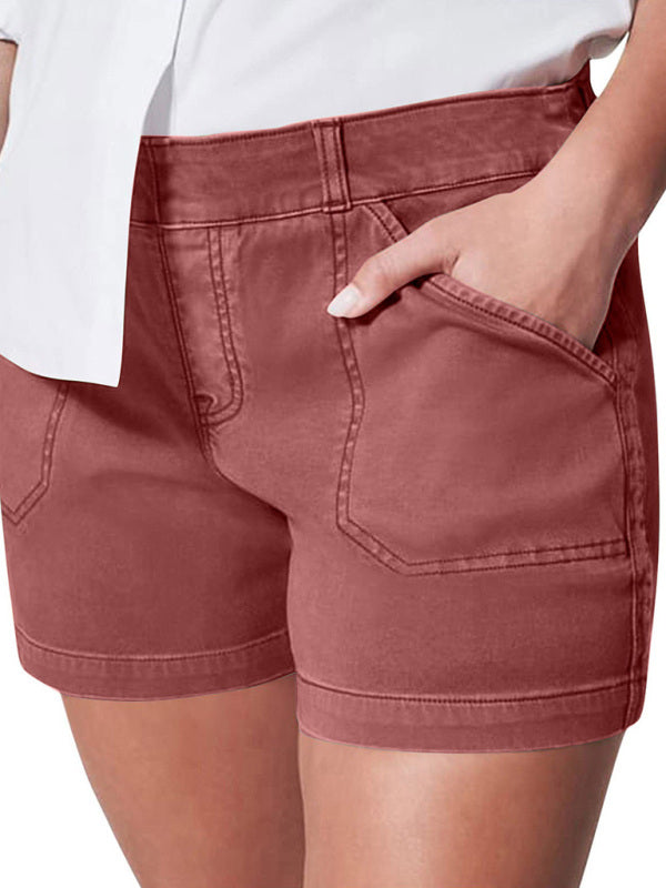 New fashion all-match women’s high elastic twill large pocket solid color casual shorts