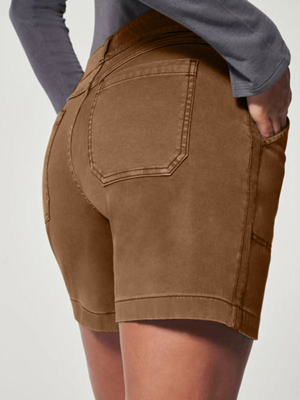New fashion all-match women’s high elastic twill large pocket solid color casual shorts