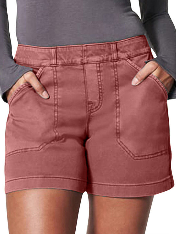 New fashion all-match women’s high elastic twill large pocket solid color casual shorts - Brown / S