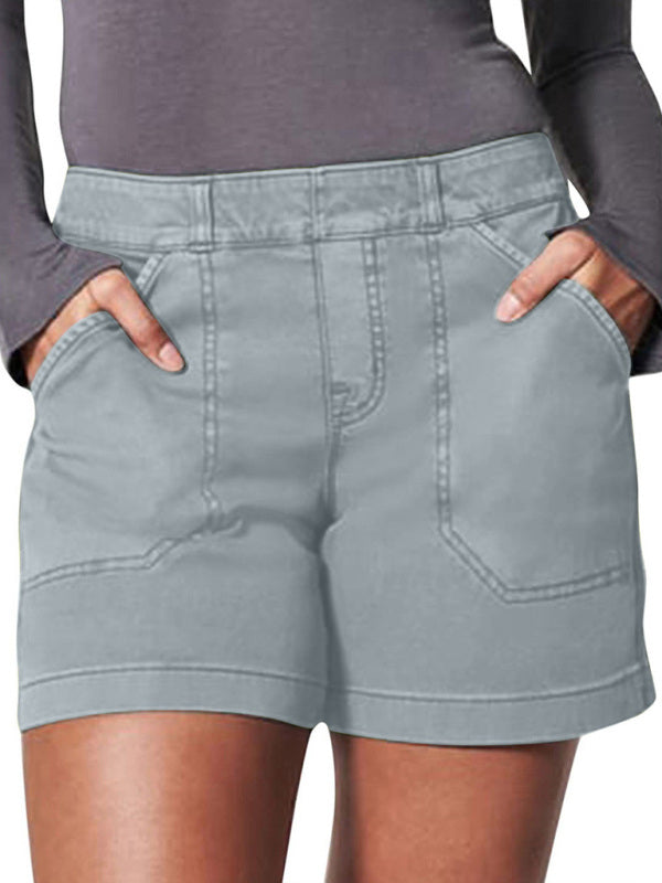 New fashion all-match women’s high elastic twill large pocket solid color casual shorts - Grey / S