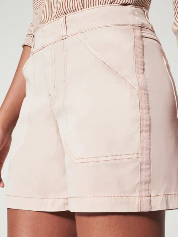 New fashion all-match women’s high elastic twill large pocket solid color casual shorts - Cream / S