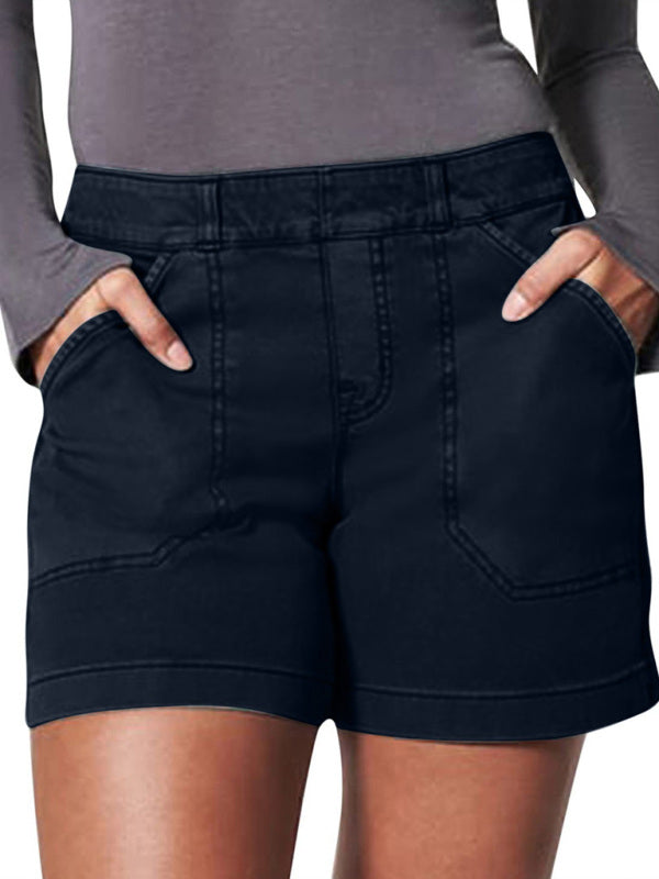 New fashion all-match women’s high elastic twill large pocket solid color casual shorts - Champlain color / S