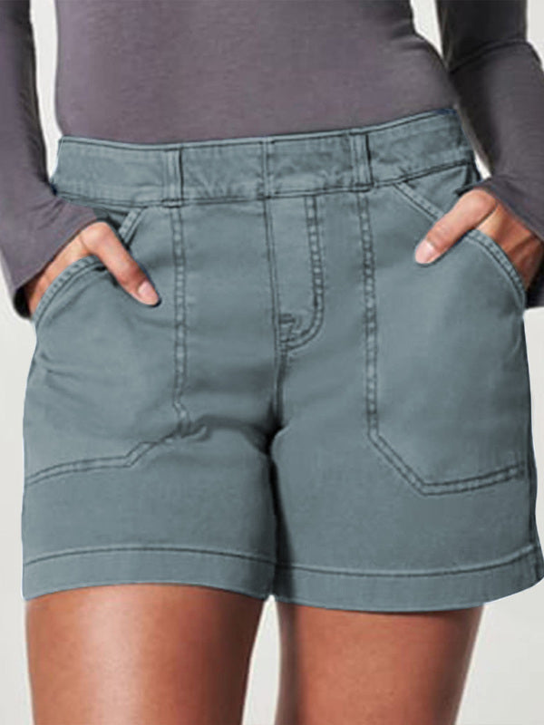 New fashion all-match women’s high elastic twill large pocket solid color casual shorts - Blue grey / S