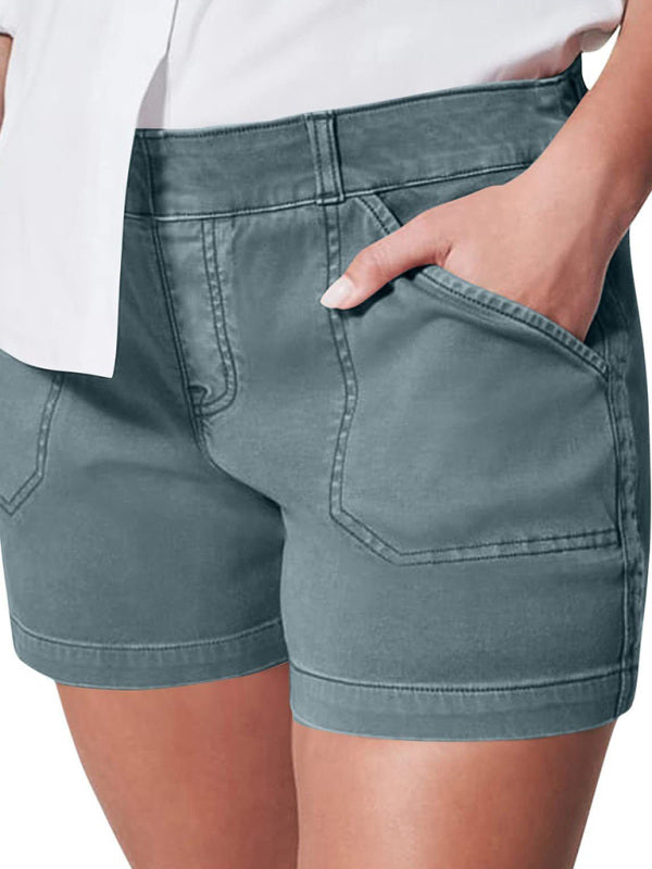 New fashion all-match women’s high elastic twill large pocket solid color casual shorts