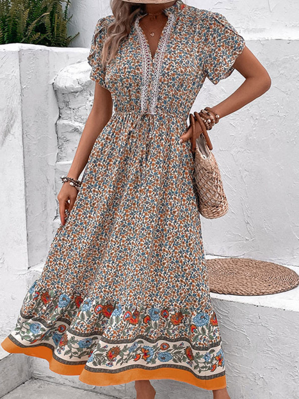 New fashion ethnic style V-neck floral dress - Khaki / S