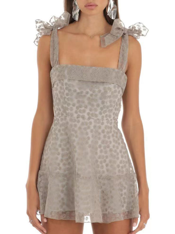 New fashion floral mesh suspender dress - Grey / S