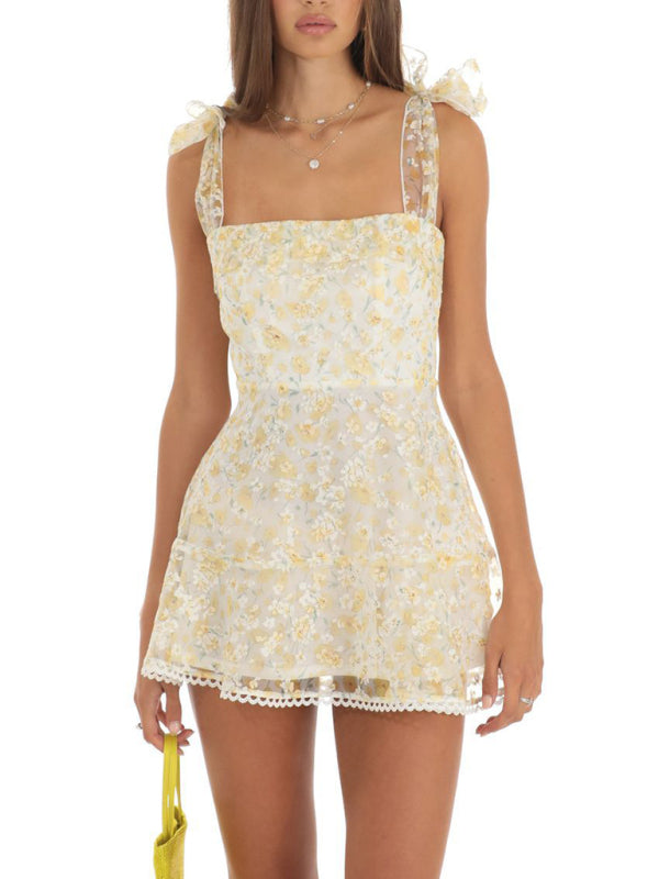 New fashion floral mesh suspender dress - Light yellow / S