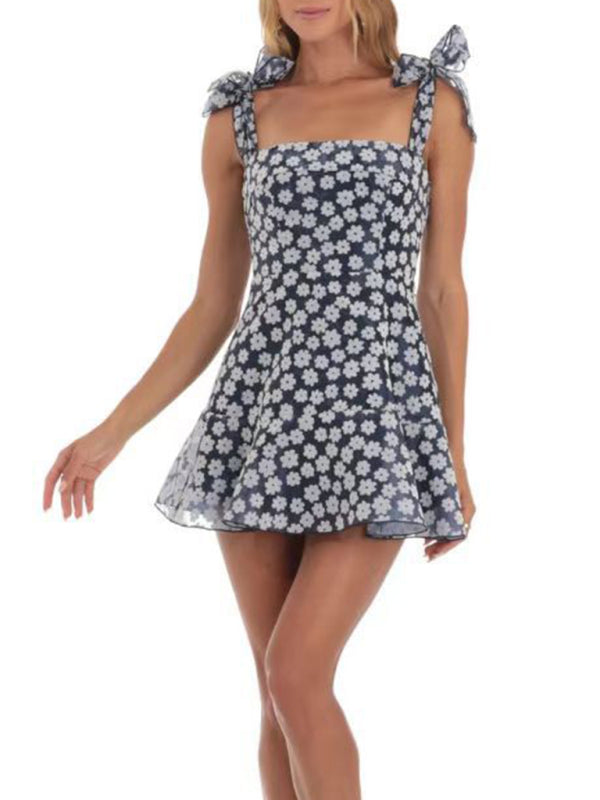 New fashion floral mesh suspender dress - Purplish blue navy / S