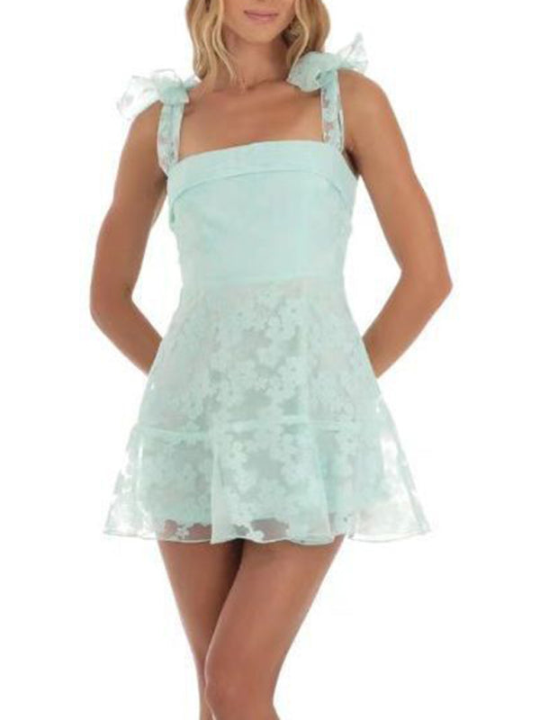 New fashion floral mesh suspender dress - Spearmint viridis / S