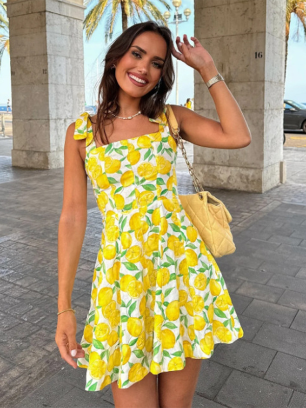New Fashion Lemon Print Suspender Dress - Yellow / S