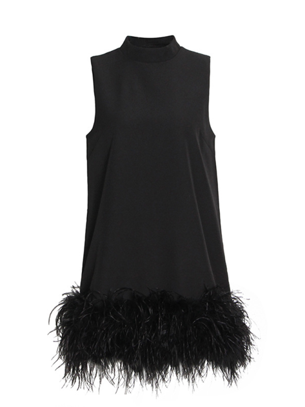 New fashion minimalist solid color design round neck sleeveless stitching dress - Black / S