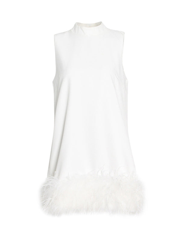 New fashion minimalist solid color design round neck sleeveless stitching dress - White / S