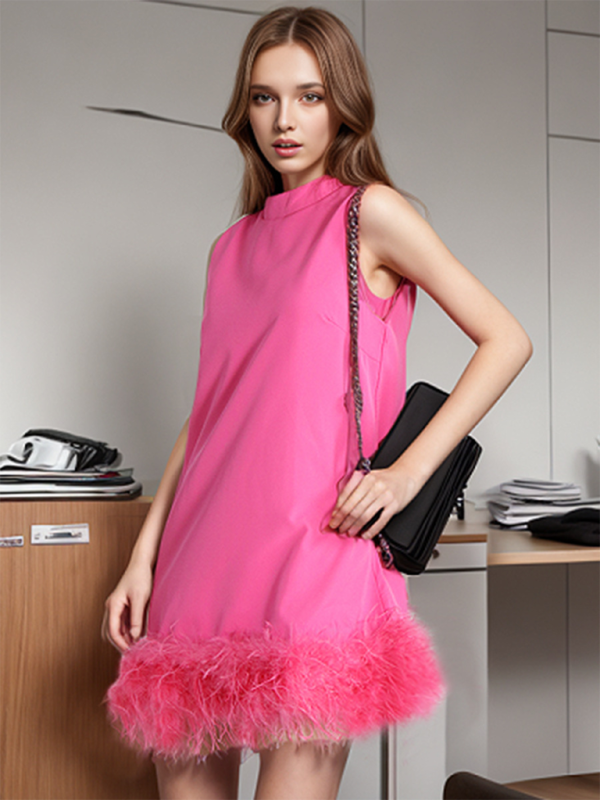 New fashion minimalist solid color design round neck sleeveless stitching dress - Rose / S