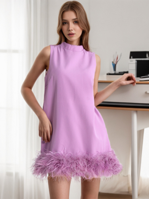 New fashion minimalist solid color design round neck sleeveless stitching dress - Purple / S