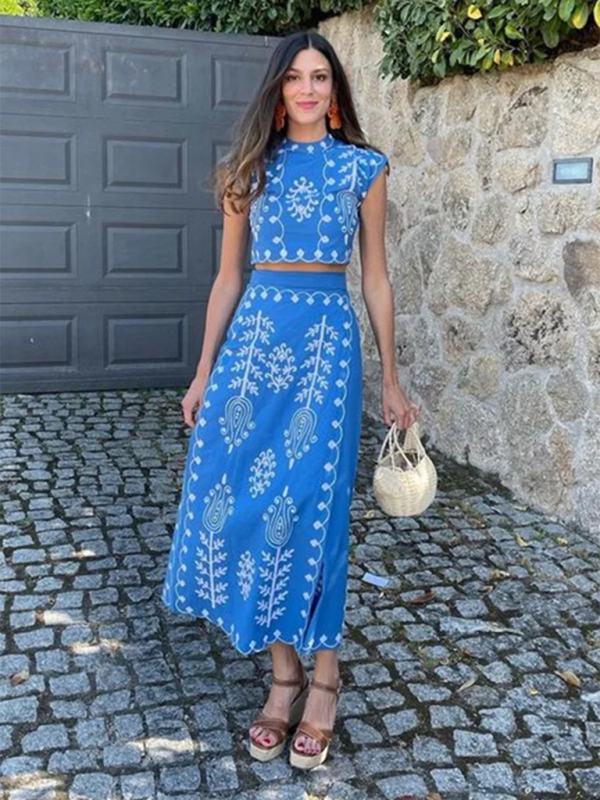 New Fashion Printed Holiday Style Two-piece Dress - Blue / XS