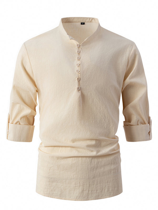 Beige mandarin collar slim fit long sleeve casual shirt for modern fashion style