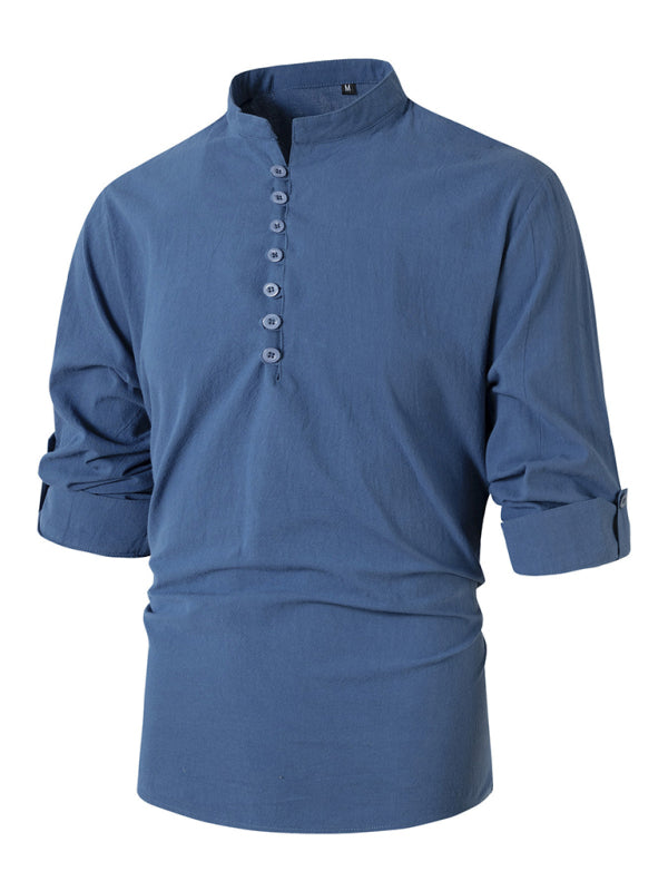 Blue button-down mandarin collar slim fit casual long sleeve shirt for men