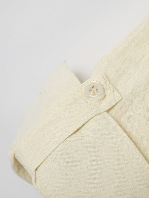 Cream-colored linen shirt cuff with button from New Fashion Retro Stand Collar Slim Fit Casual Long Sleeve Shirt