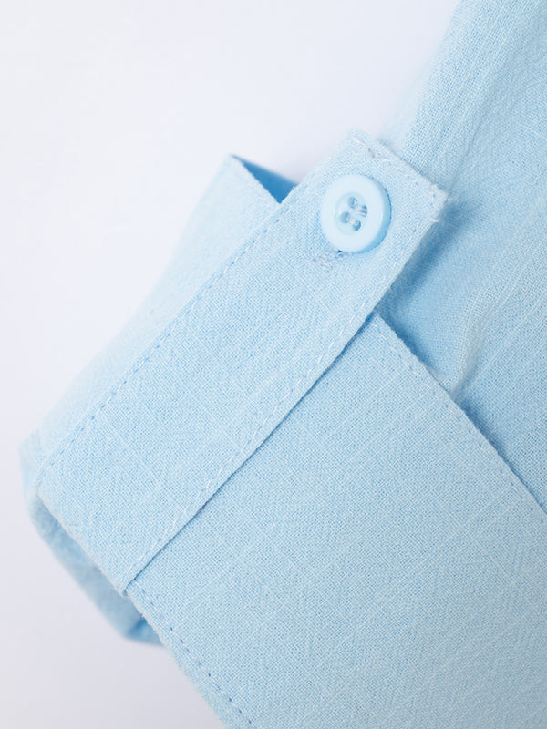 Light blue shirt sleeve with button from New Fashion Retro Stand Collar Slim Fit Casual Long Sleeve Shirt