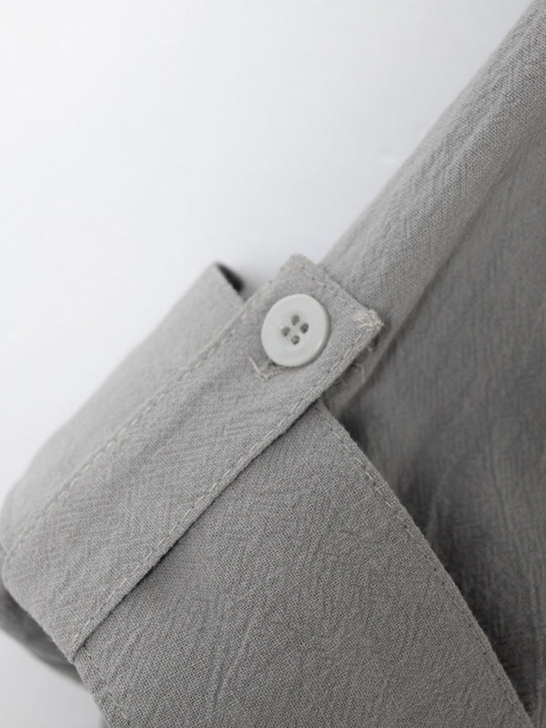 Gray fabric sleeve with button from New Fashion Retro Stand Collar Slim Fit Casual Long Sleeve Shirt