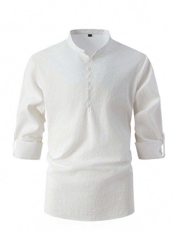 White long-sleeved button-down shirt with retro stand collar slim fit style