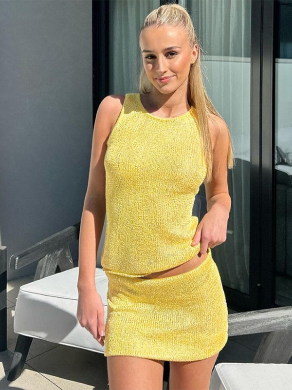 New fashion round neck sleeveless top sexy short skirt woolen suit - Yellow / S