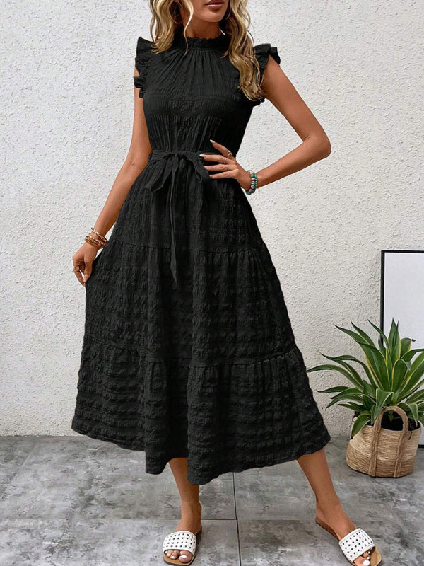 New Fashion Ruffled Flying Sleeve Lace-up Textured Dress - Black / S
