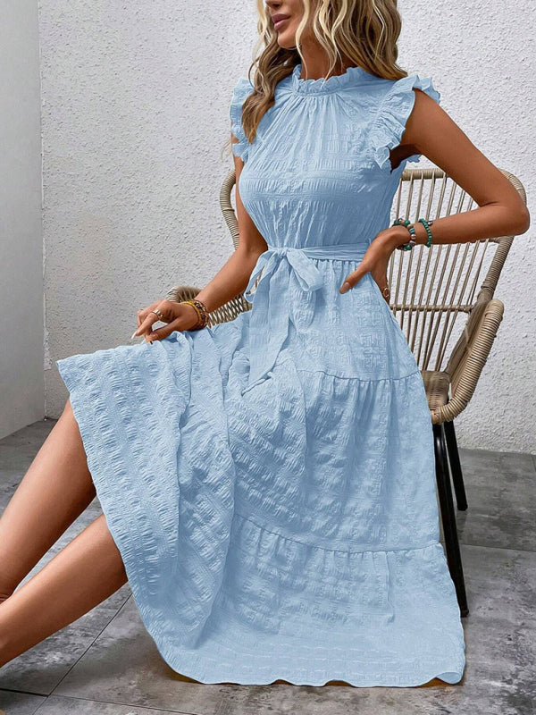 New Fashion Ruffled Flying Sleeve Lace-up Textured Dress - Clear blue / S