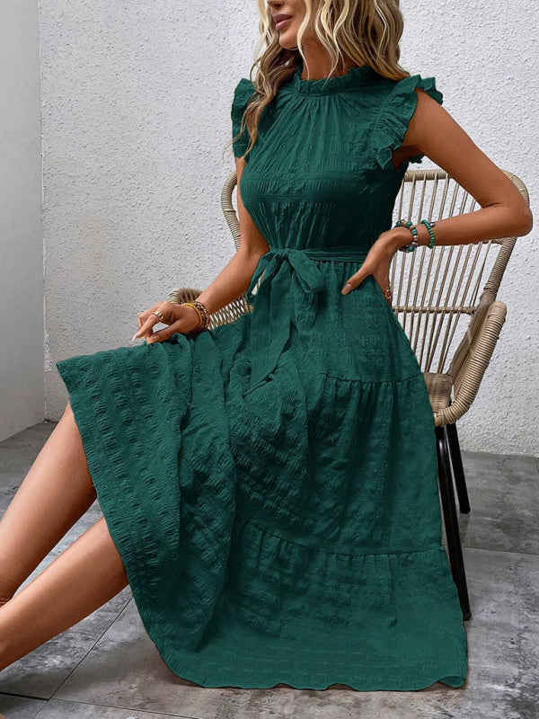 New Fashion Ruffled Flying Sleeve Lace-up Textured Dress - Green black jasper / S