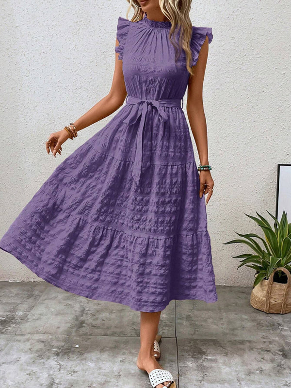 New Fashion Ruffled Flying Sleeve Lace-up Textured Dress - Purple / S