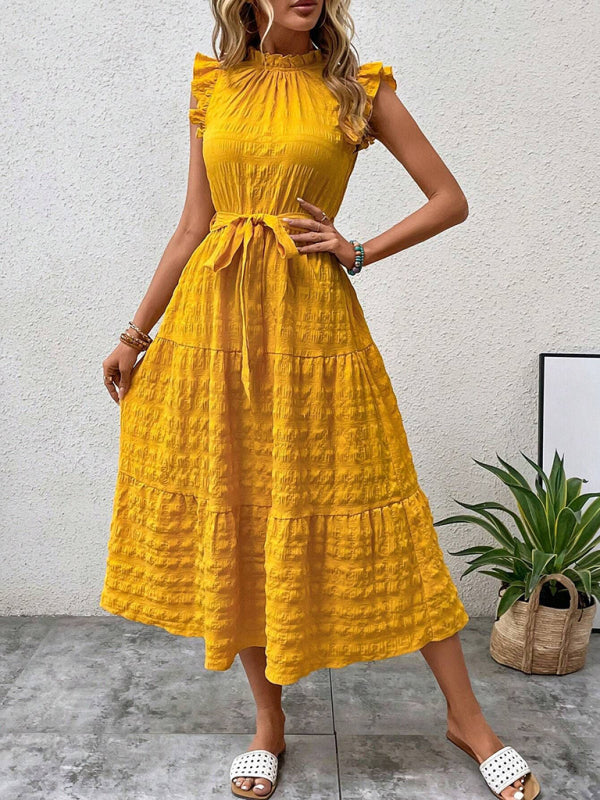 New Fashion Ruffled Flying Sleeve Lace-up Textured Dress - Yellow / S