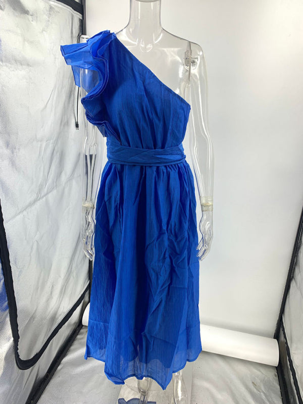 New Fashion Sexy Solid Color Off-shoulder Backless Dress - Blue / S
