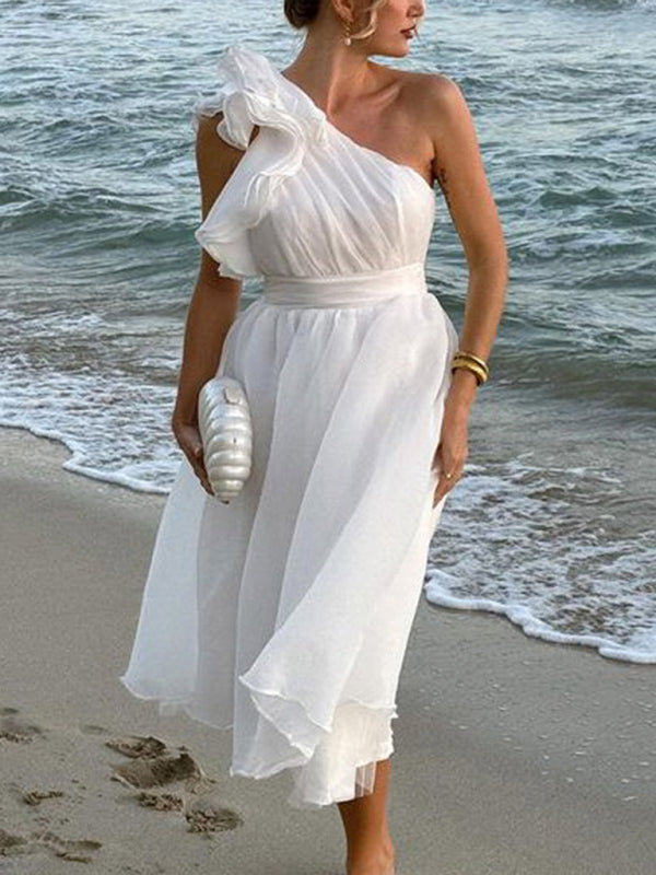 New Fashion Sexy Solid Color Off-shoulder Backless Dress - White / S