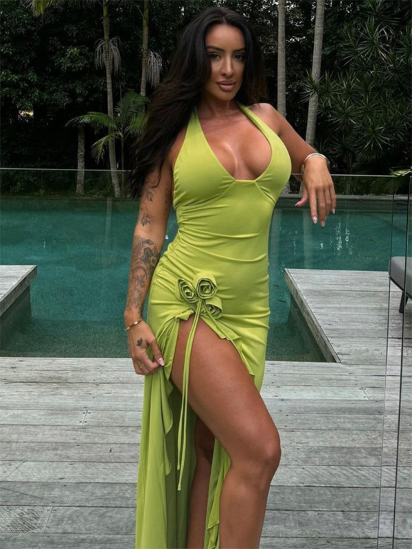 New Fashion Sexy Solid Color Slim High Waist V-neck Halter Backless Dress - Green / S