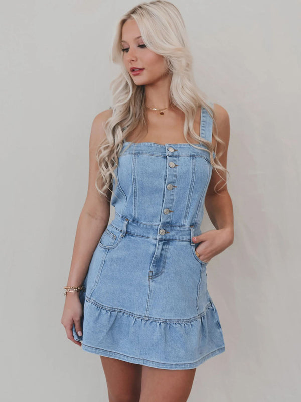 New Fashion Suspender Hottie Denim Dress - Clear blue / S